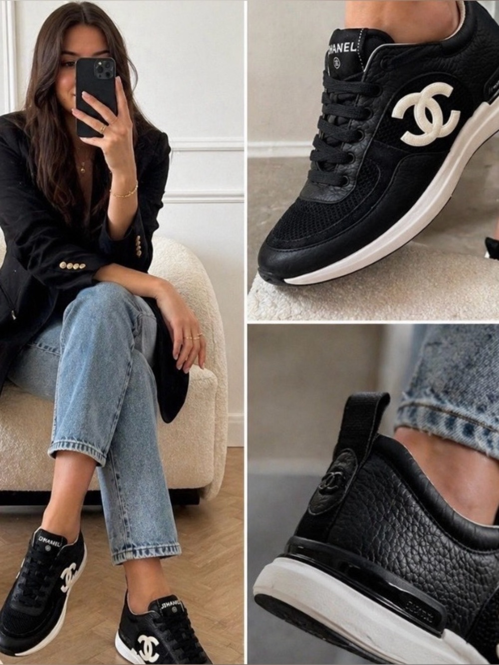 Chanel CC Logo Sneakers Black & White Leather Mesh Trainers Size 37.5 / US 7.5 - Picture 2 of 15